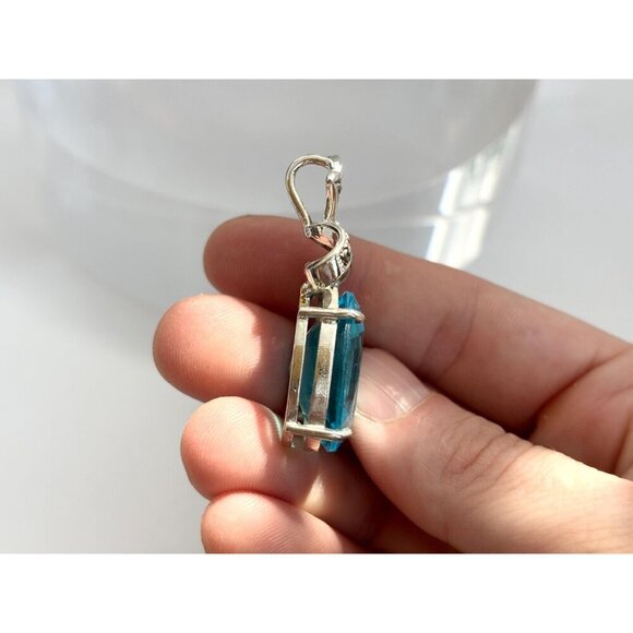 Oval Shaped Blue Topaz Art Deco Sterling Silver Vintage 925 Pendant | Charm - Picture 6 of 7